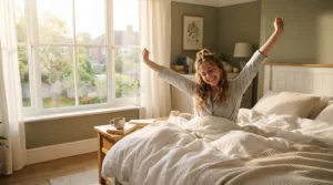 Waking up well-rested after using a cooling pillow for menopause all night.