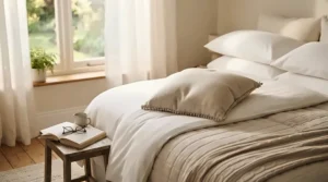 A close-up of a sustainable cooling pillow for menopause featuring natural materials for hot sleepers.