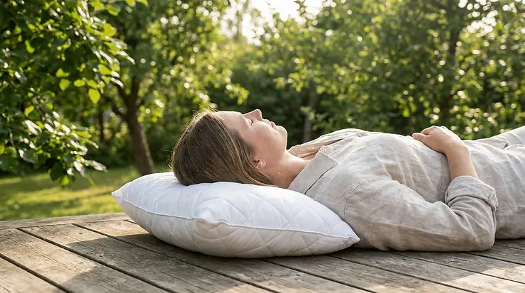 A back sleeper resting on an ergonomic cooling pillow for night sweats