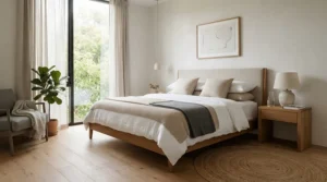A neatly made bed featuring a premium cooling pillow for night sweats