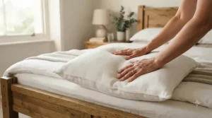 A person touching the soft surface of a cooling pillow for night sweats