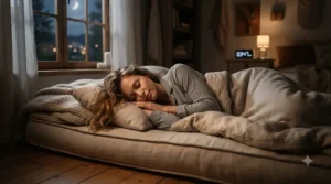 A side sleeper resting comfortably on a cooling pillow for night sweats in a cozy bedroom