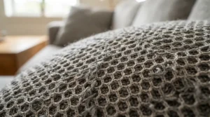 Close up of a cooling pillow for night sweats showing breathable fabric and advanced airflow design