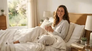 A happy shopper reviewing a cooling pillow under $50 for affordable seasonal bedding upgrades.