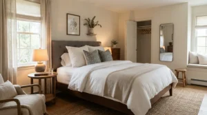 A welcoming guest bedroom equipped with a comfortable cooling pillow under $50.