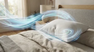 Airflow illustration showing a breathable cover on a cooling pillowcase and insert combo for night sweats