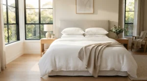 A fresh cooling pillowcase and insert combo neatly styled on a made bed in a sunlit American bedroom