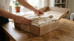 Unboxing a brand new cooling pillowcase and insert combo on a wooden tabletop