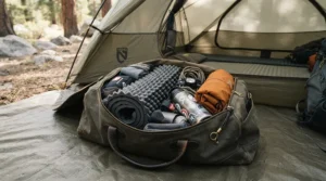 A cooling travel CPAP pillow being packed into a compact gear bag for a weekend camping trip.