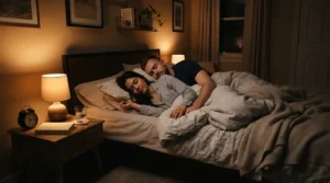 A peaceful couple sleeping soundly with one using the best anti-snoring pillow at night