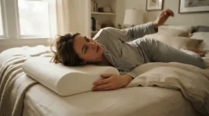 A user transitioning positions while using a CPAP pillow for stomach sleepers