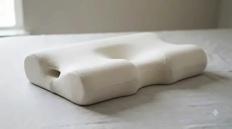 An ergonomic CPAP pillow for stomach sleepers supporting the head and neck