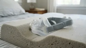 Close-up of a full face mask fitting neatly on a CPAP pillow for stomach sleepers