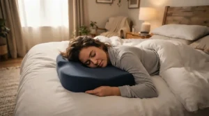 A person resting comfortably on a CPAP pillow for stomach sleepers in a cozy bedroom