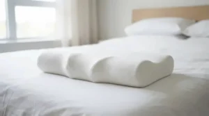 An ergonomic pillow for rotator cuff pain placed correctly on a bed to relieve nighttime shoulder pressure.