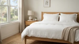 A clean, modern bedroom featuring a hypoallergenic pillow for asthma on a neatly made bed with white cotton sheets.