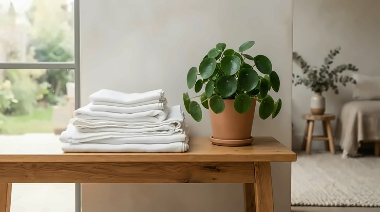 Sustainable bedding items including a certified organic hypoallergenic pillow for asthma on a wooden bench.