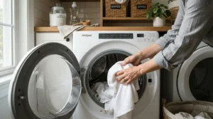 Putting a removable cover from a hypoallergenic pillow for asthma into a modern home washing machine.