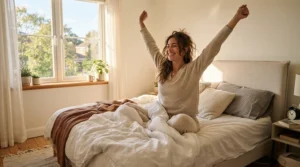 A healthy adult waking up refreshed in a cozy bed with a supportive hypoallergenic pillow for asthma.