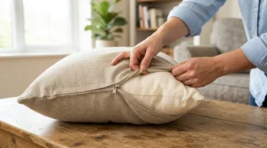 A person unzipping the washable cover of a hypoallergenic pillow for asthma to show easy maintenance.