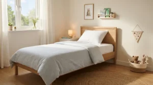 An affordable hypoallergenic pillow for kids neatly arranged on a bright, colorful youth bedroom setup