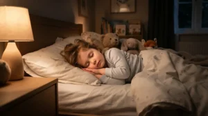 A comfortable hypoallergenic pillow for kids supporting a child resting on their side in a cozy bedroom