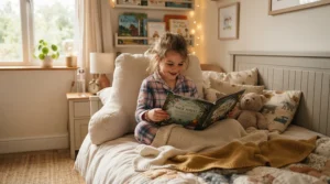 A hypoallergenic pillow for kids propped up against a headboard while a child reads a book