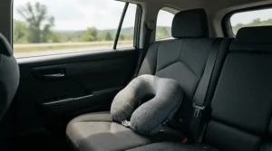 A portable hypoallergenic pillow for kids placed on a car seat for comfortable travel sleep