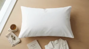 An easy-to-clean hypoallergenic pillow for kids shown with its breathable outer pillowcase