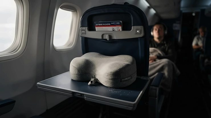 A lightweight travel CPAP pillow resting on an airplane tray table during a long-haul flight.