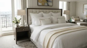 High-end hotel style bed styled with a premium cooling pillow for night sweats