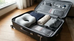 A memory foam travel CPAP pillow fitting snugly inside an open hard-shell suitcase.