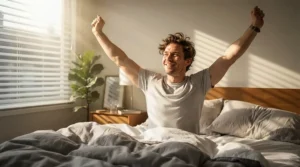 A well-rested man waking up refreshed after using the best anti-snoring pillow all night