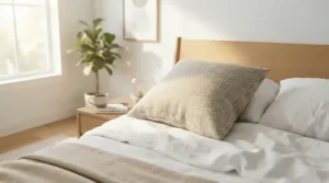 A cooling bamboo fabric cover on a pillow for CPAP mask side sleepers for temperature regulation.