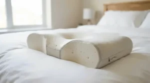 Detailed view of a pillow for CPAP mask side sleepers with ergonomic side cutouts for mask seal maintenance.