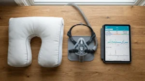 An unboxing style flat lay showing a pillow for CPAP mask side sleepers evaluated in a CPAP contour pillow review.