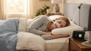 A sleeper using a pillow for CPAP mask side sleepers with built-in channels for secure tubing management.