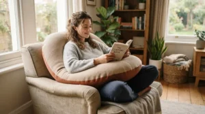 A full-body contour pillow for post-surgery shoulder pain wrapping around the user for stability