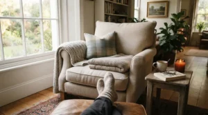 A supportive pillow for post-surgery shoulder pain arranged neatly on a living room recliner chair