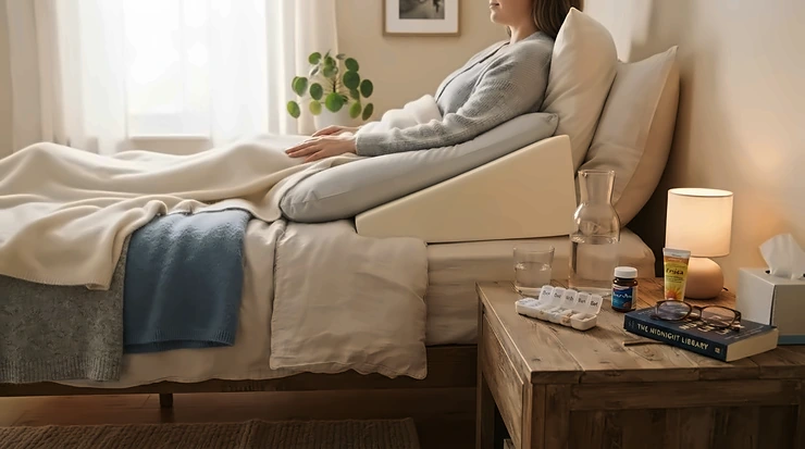 A complete recovery setup featuring a specialized pillow for post-surgery shoulder pain on a bed