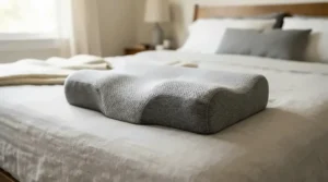 A specialized pillow for post-surgery shoulder pain designed to protect the joint while side sleeping