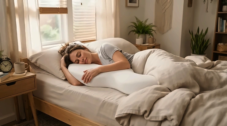 Side sleeper using a specialized pillow for rotator cuff pain to maintain proper shoulder alignment at night.