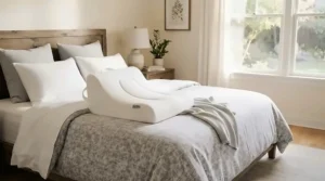 An ergonomic cushion designed as a pillow to reduce snoring for side sleepers on a tidy bed.