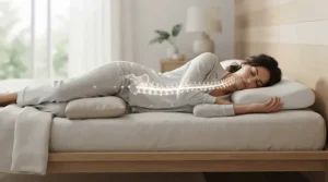 Diagram showing spine alignment achieved by a pillow to reduce snoring for side sleepers.
