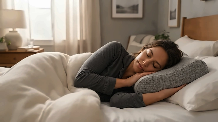 A person resting comfortably using a pillow to reduce snoring for side sleepers at night.