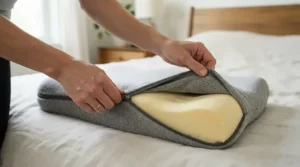 Removing the washable cover from a pillow to reduce snoring for side sleepers