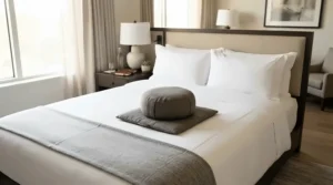 A comfortable travel CPAP pillow placed on a hotel room bed next to a portable machine.