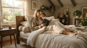 A person sleeping comfortably on a wedge pillow for acid reflux in a modern bedroom