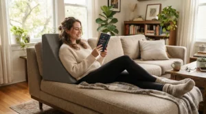 Person relaxing on a sofa with a wedge pillow for acid reflux for post-meal support