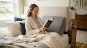 Woman reading a book in bed supported by a wedge pillow for acid reflux